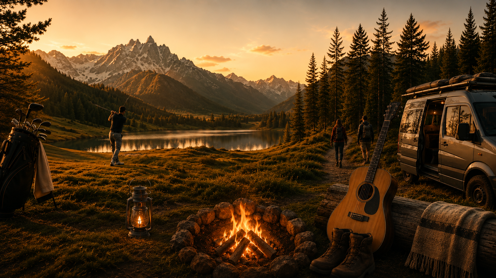 Mountain lake at golden hour with a campfire, guitar, camper van, and a golfer by the water