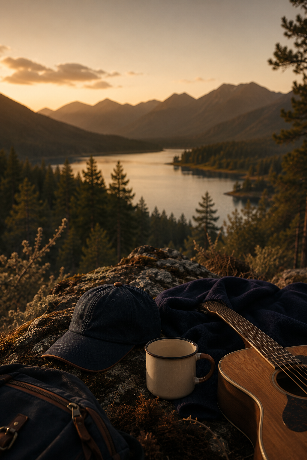 Navy cap, enamel mug and guitar on a rock overlooking a mountain lake at sunset