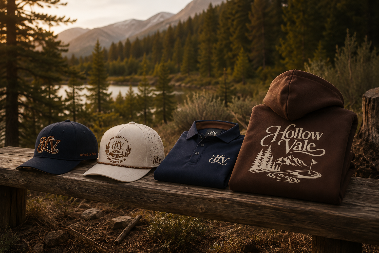 Hollow Vale Heritage Collection: navy cap, cream cap, folded navy polo, and brown hoodie arranged on a wooden bench with a mountain lake at golden hour